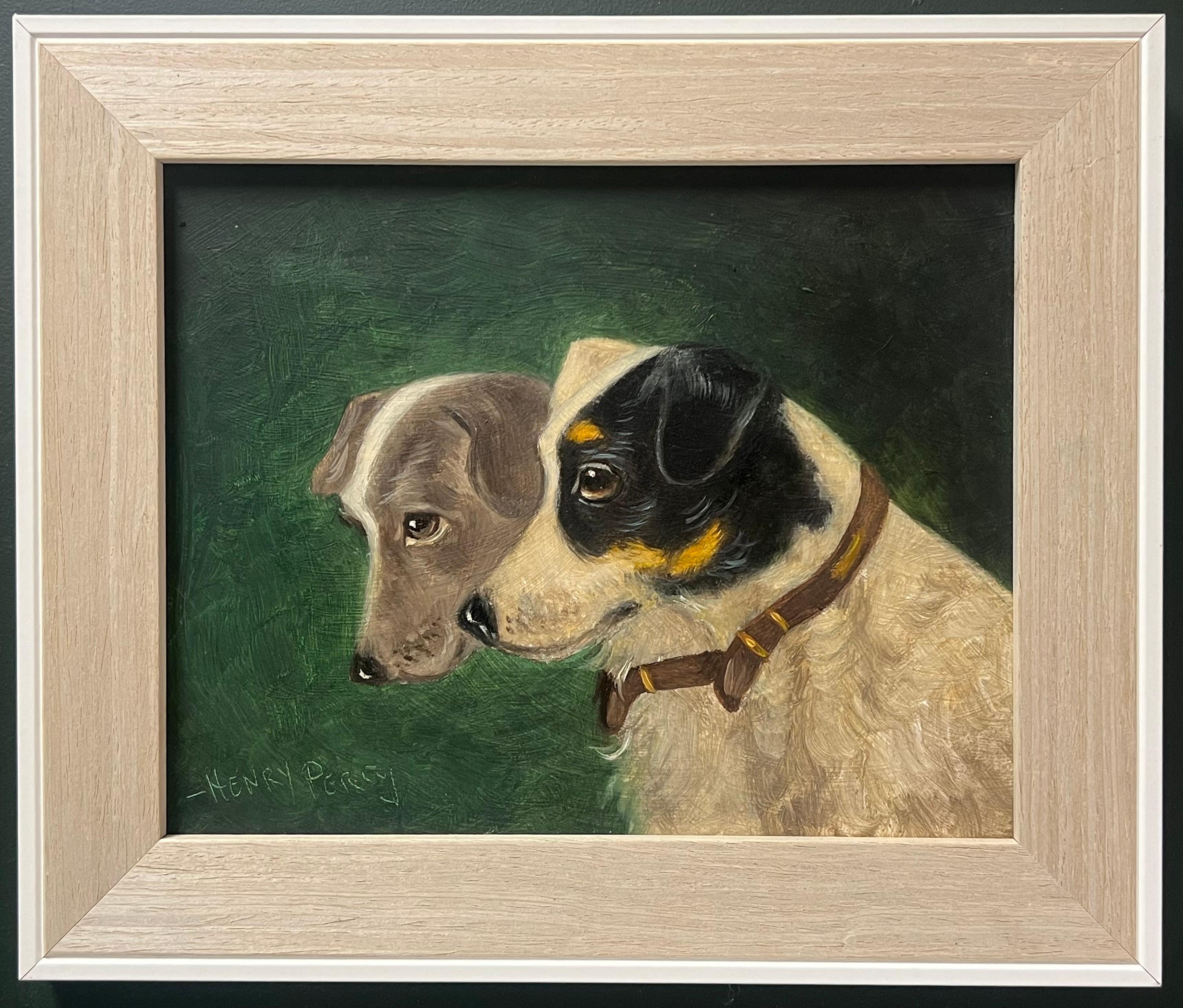 Vintage English Dog Oil Painting Head Portraits of Two Terriers Jack Russels 1