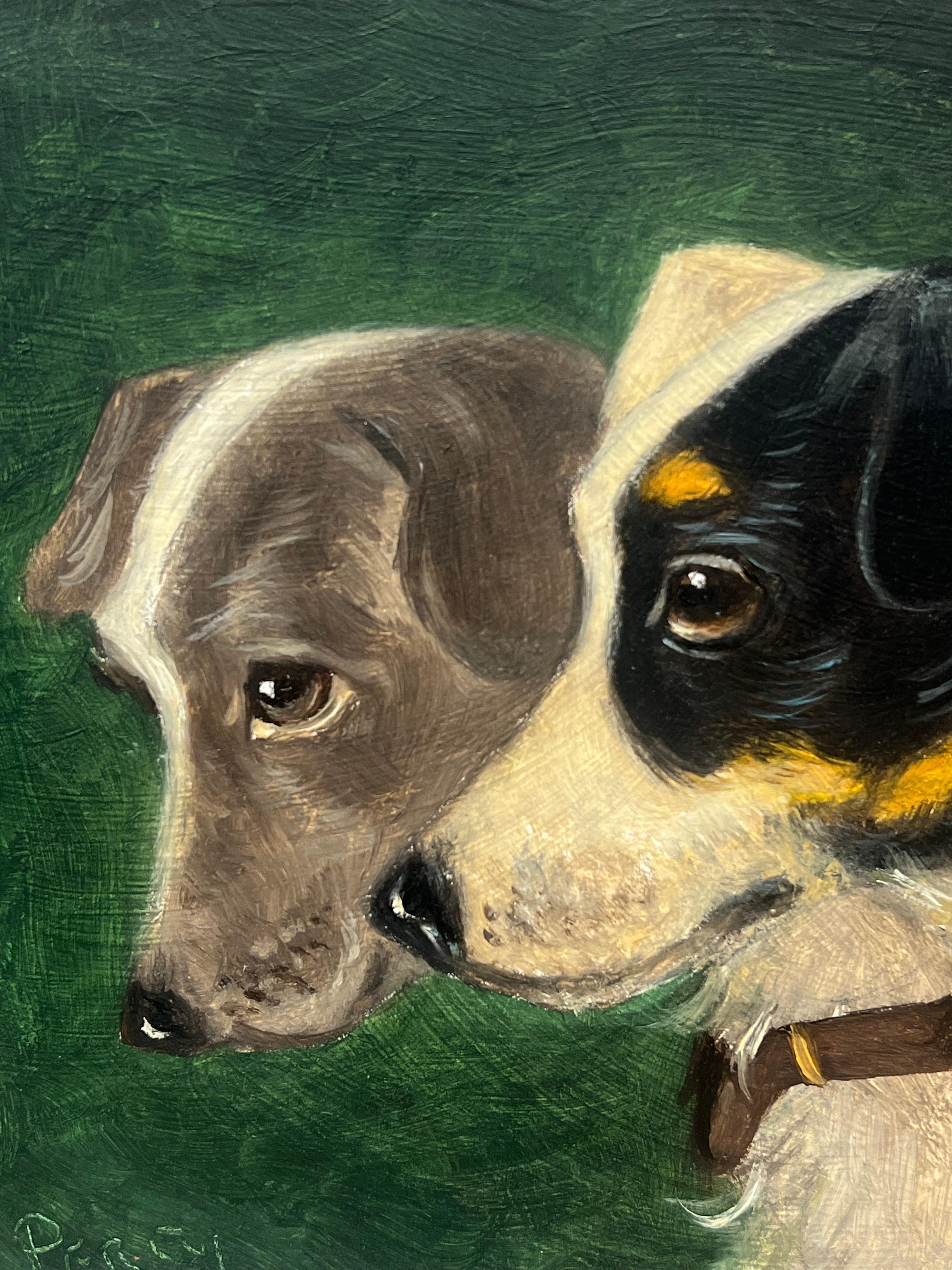 Vintage English Dog Oil Painting Head Portraits of Two Terriers Jack Russels 4