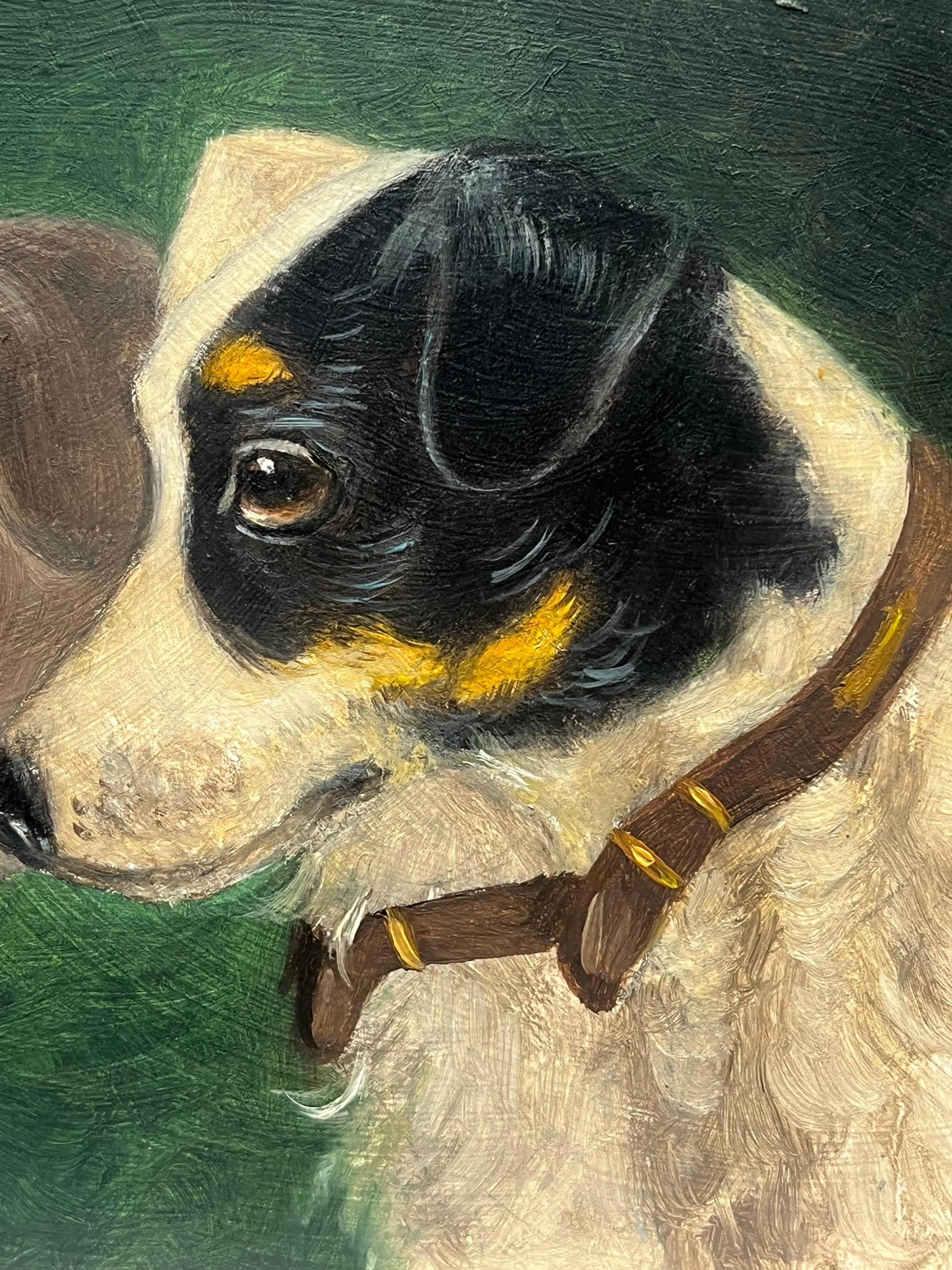 Vintage English Dog Oil Painting Head Portraits of Two Terriers Jack Russels 6