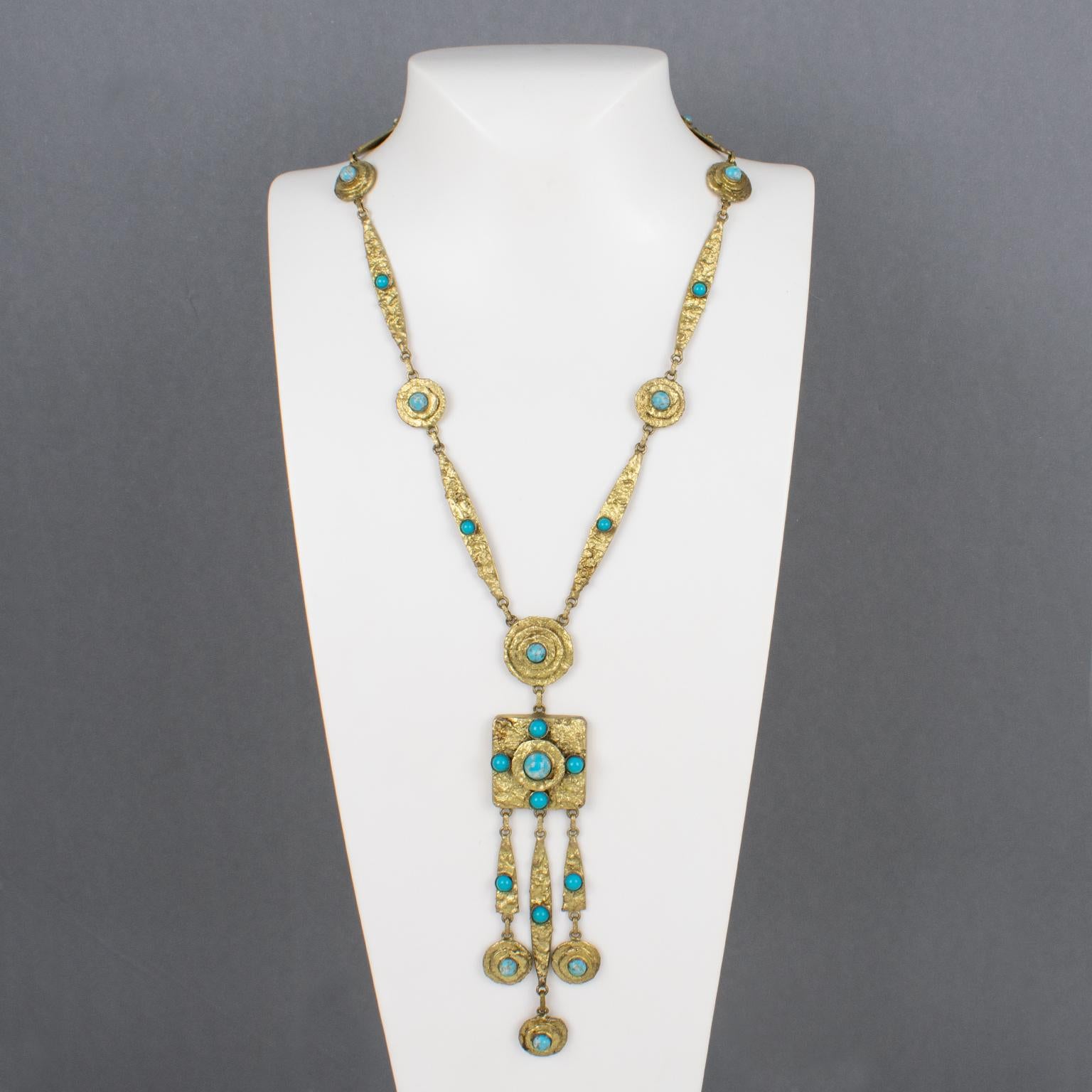 Medieval Henry Perichon Gilded Bronze Chain Necklace with Glass Cabochons
