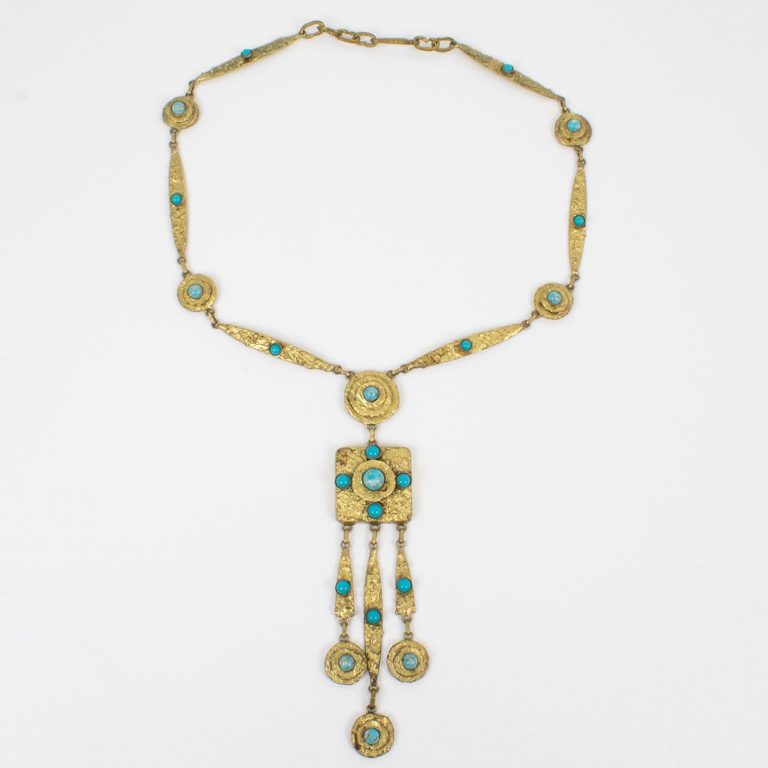 Henry Perichon Gilded Bronze Chain Necklace with Glass Cabochons In Good Condition In Atlanta, GA