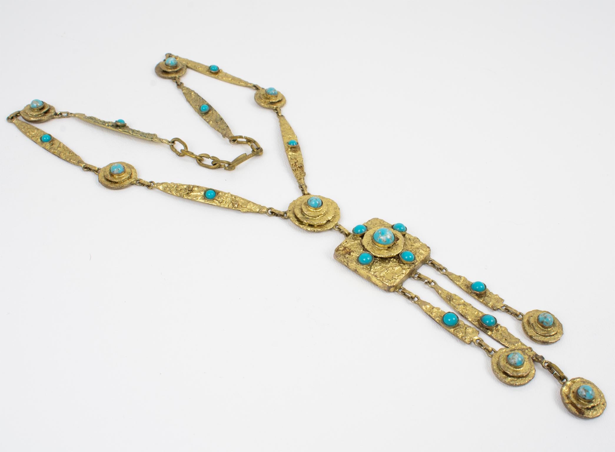 Women's or Men's Henry Perichon Gilded Bronze Chain Necklace with Glass Cabochons