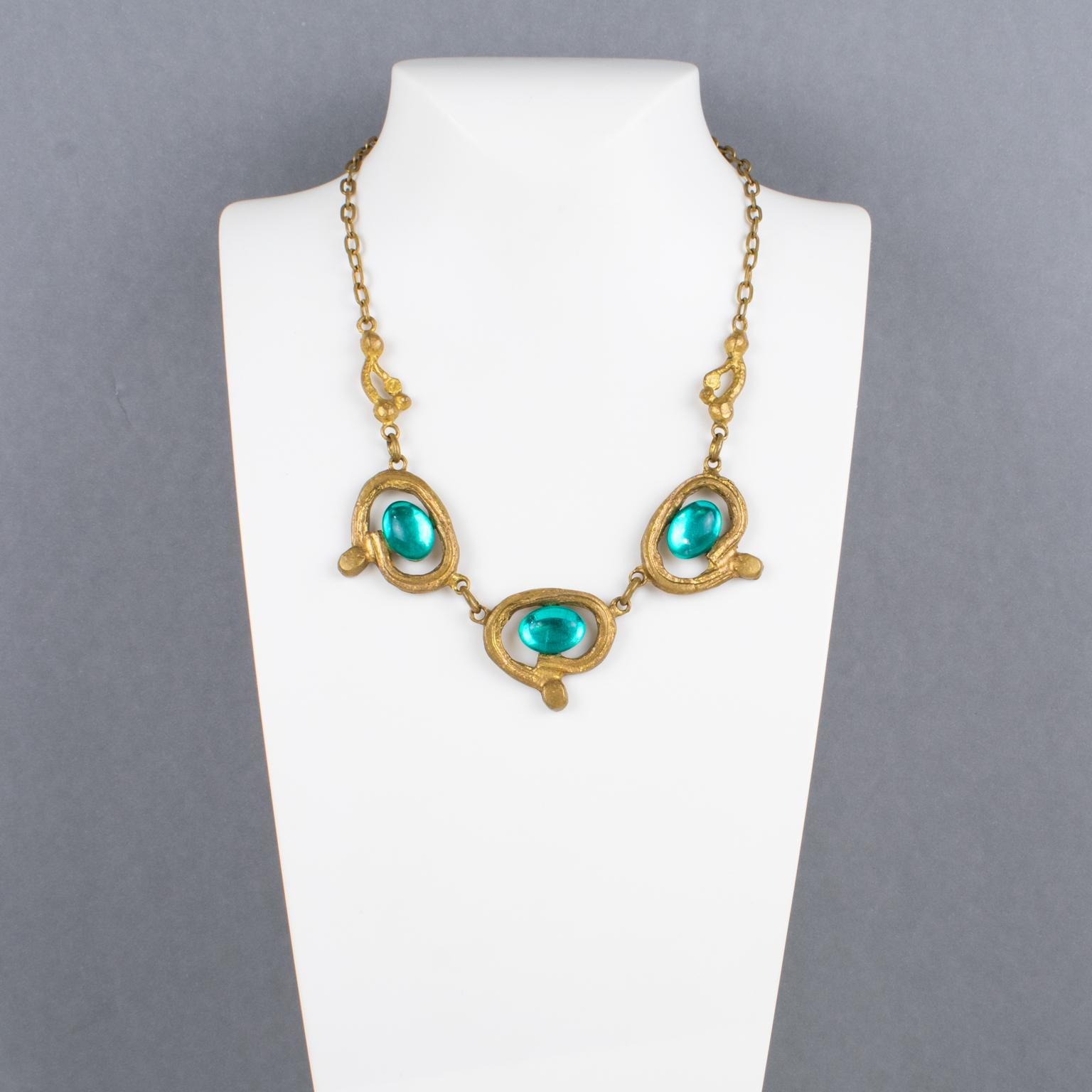 Medieval Henry Perichon Bronze Necklace with Blue Glass Cabochons For Sale
