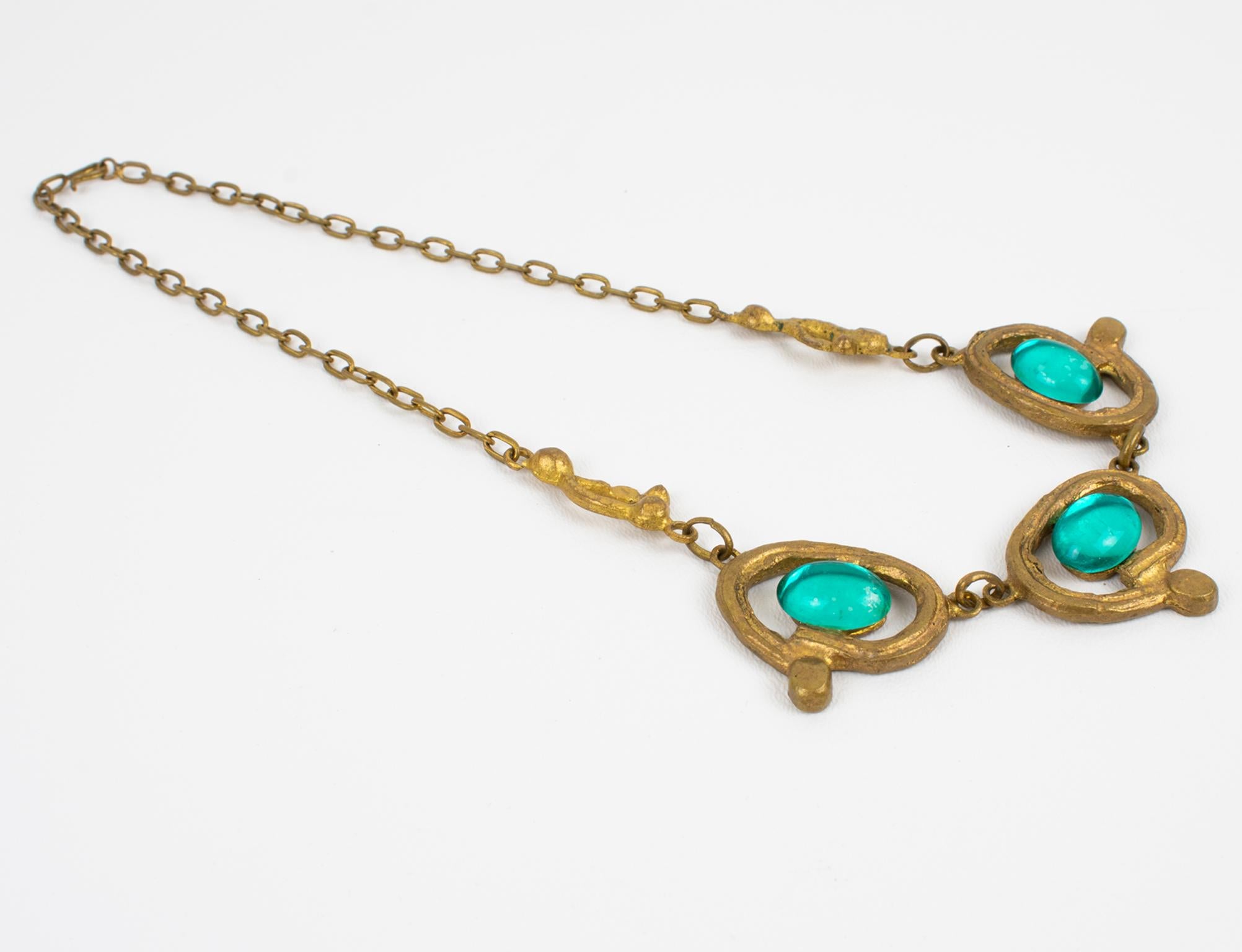 Henry Perichon Bronze Necklace with Blue Glass Cabochons In Good Condition For Sale In Atlanta, GA