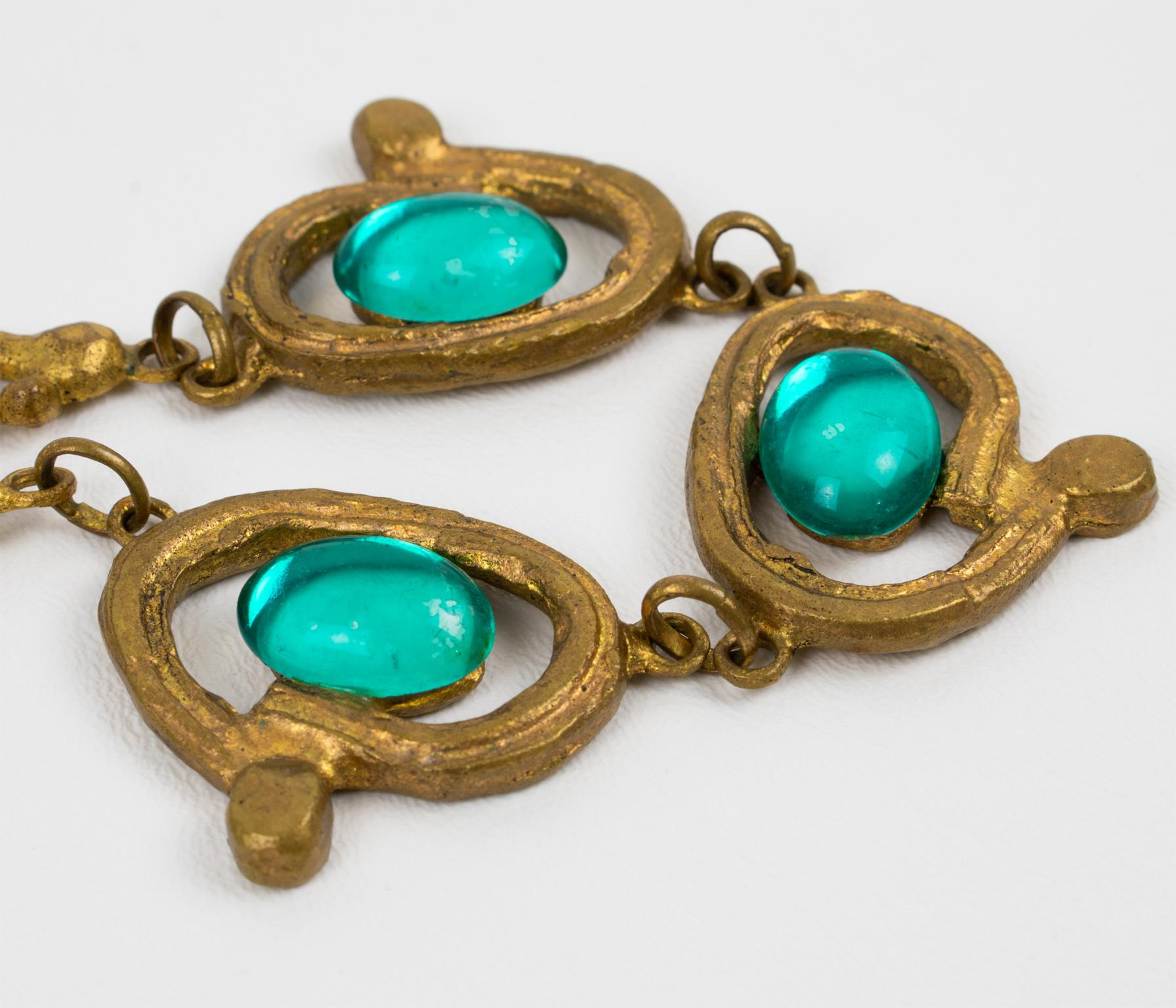 Henry Perichon Bronze Necklace with Blue Glass Cabochons For Sale 1