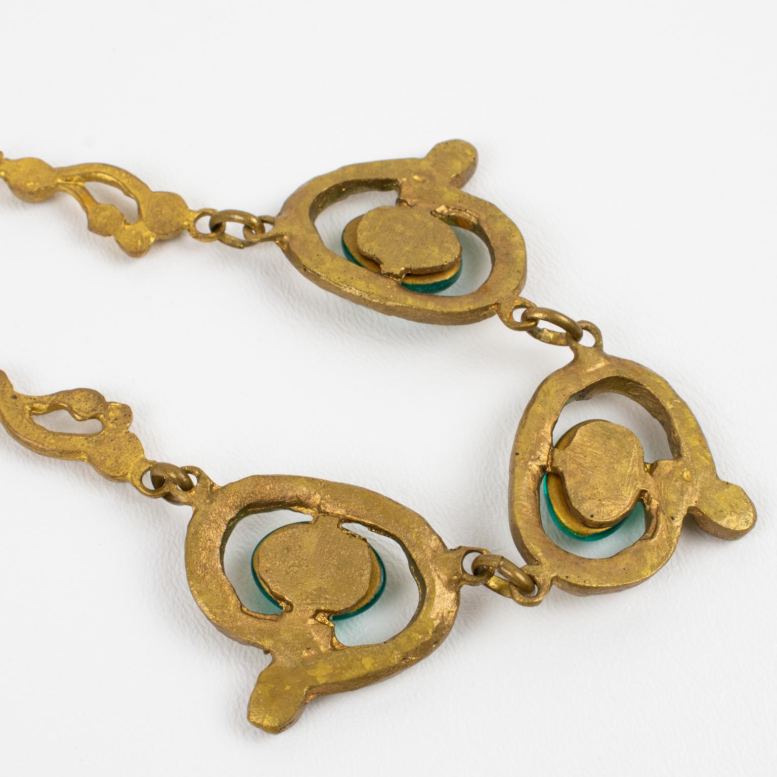 Henry Perichon Bronze Necklace with Blue Glass Cabochons For Sale 3