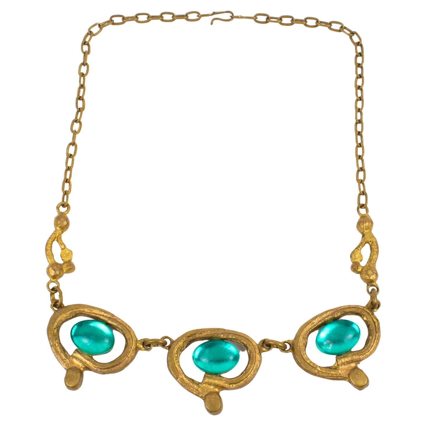 Henry Perichon Bronze Necklace with Blue Glass Cabochons For Sale