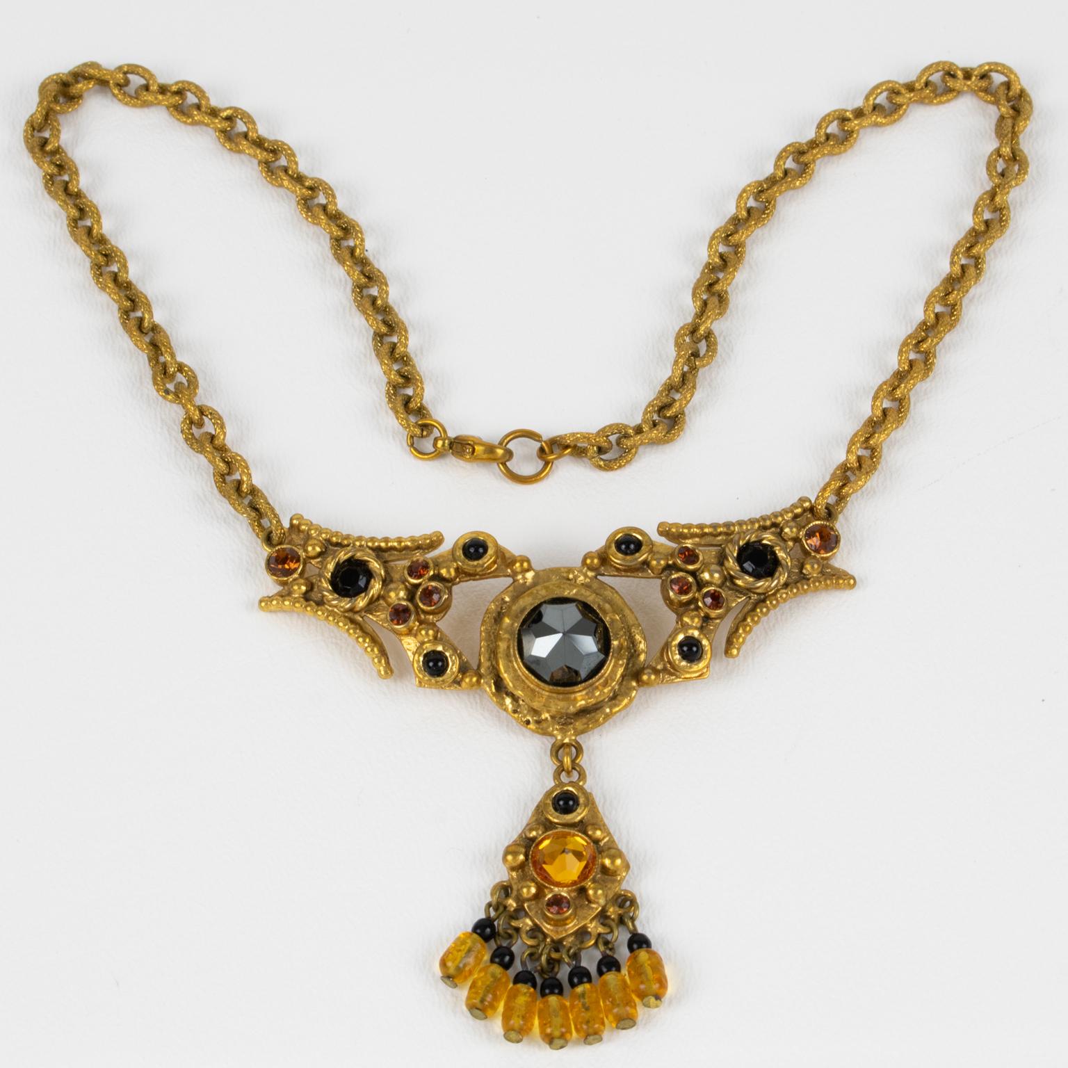 Henry Perichon Bronze Necklace with Black Jet and Topaz Glass Cabochons In Good Condition For Sale In Atlanta, GA
