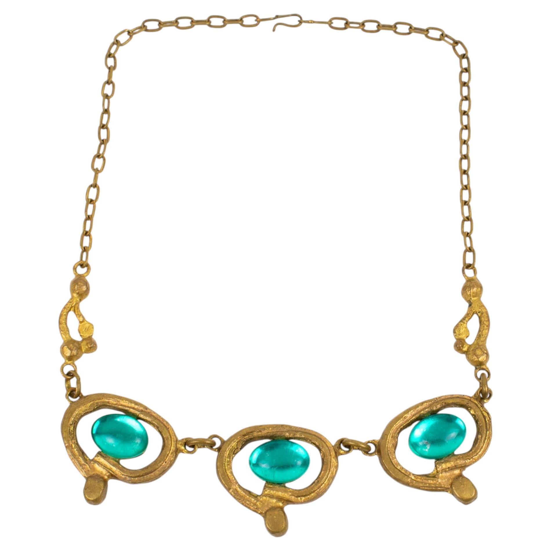 Henry Perichon Bronze Necklace with Blue Glass Cabochons For Sale