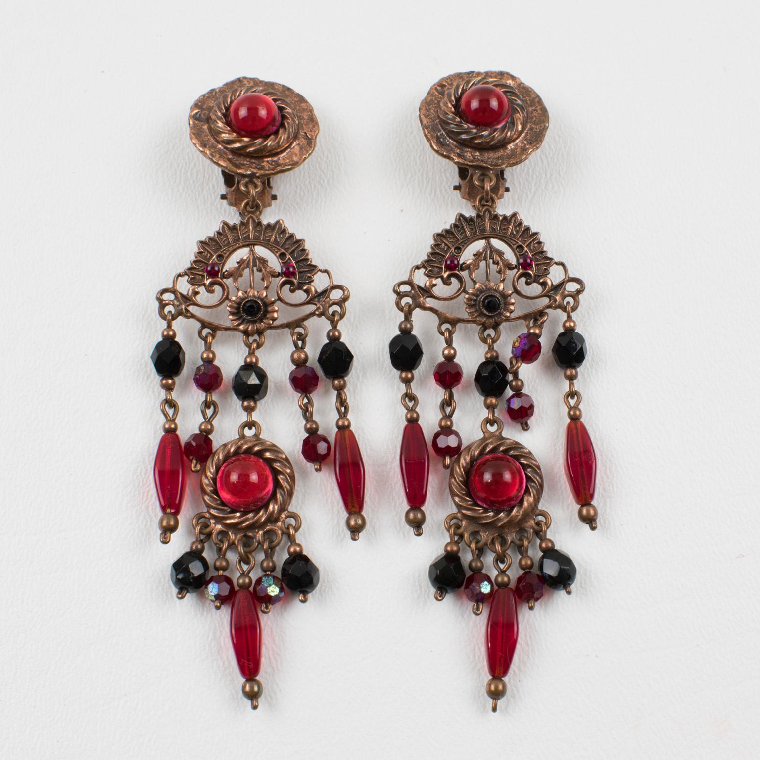Victorian Henry Perichon Copper and Red Jeweled Dangle Clip Earrings For Sale