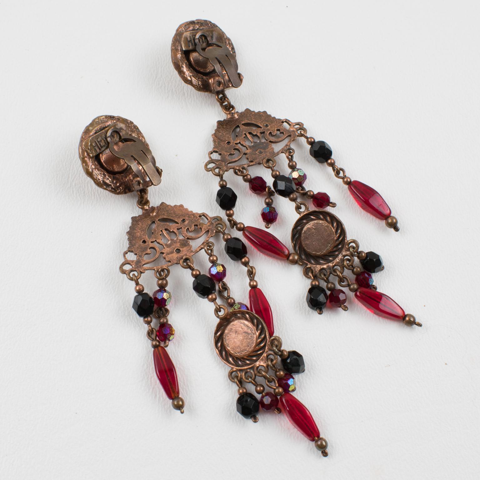 Henry Perichon Copper and Red Jeweled Dangle Clip Earrings In Excellent Condition For Sale In Atlanta, GA