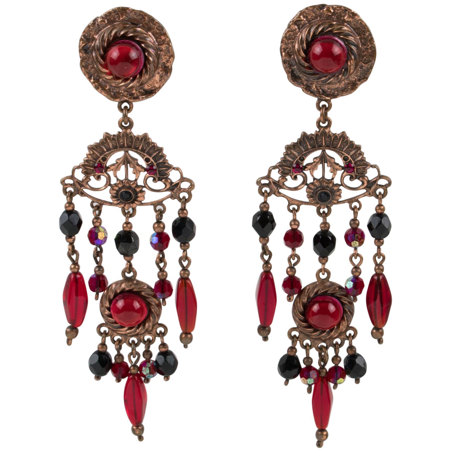 Henry Perichon Copper and Red Jeweled Dangle Clip Earrings For Sale