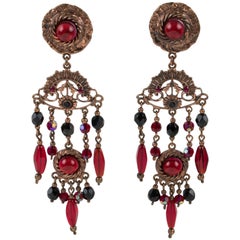 Henry Perichon Copper and Red Jeweled Dangle Clip Earrings