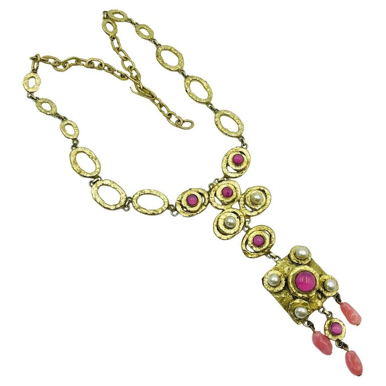 Collier Vintage Henry Perichon Années 1950 - France - Pendentif Verre Orange Et Métal Doré