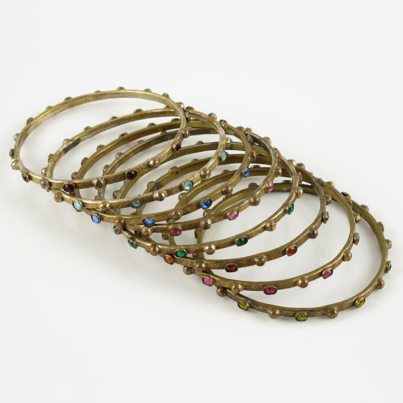 Donna Henry Perichon Bracciale in bronzo dorato con pietre colorate, 8 pezzi in vendita