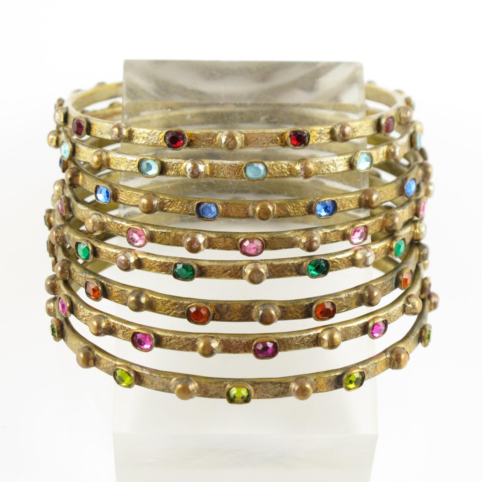 Henry Perichon Bracciale in bronzo dorato con pietre colorate, 8 pezzi In condizioni buone in vendita a Atlanta, GA