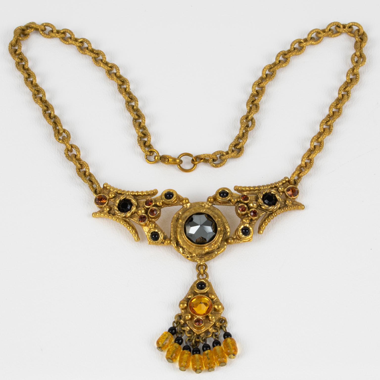Collar de cadena de bronce dorado Henry Perichon con cabujones enjoyados en Bueno estado para la venta en Atlanta, GA