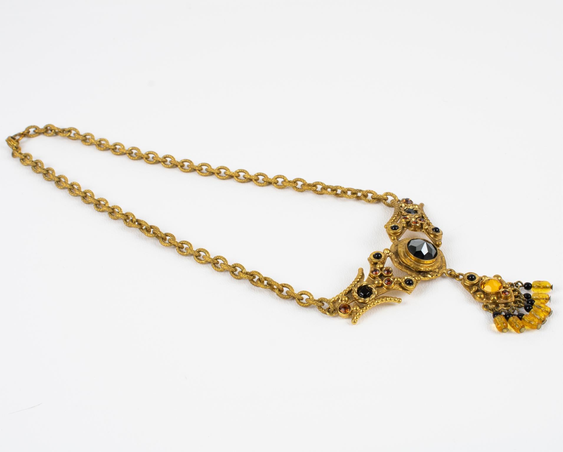 Femenino o masculino Collar de cadena de bronce dorado Henry Perichon con cabujones enjoyados en venta