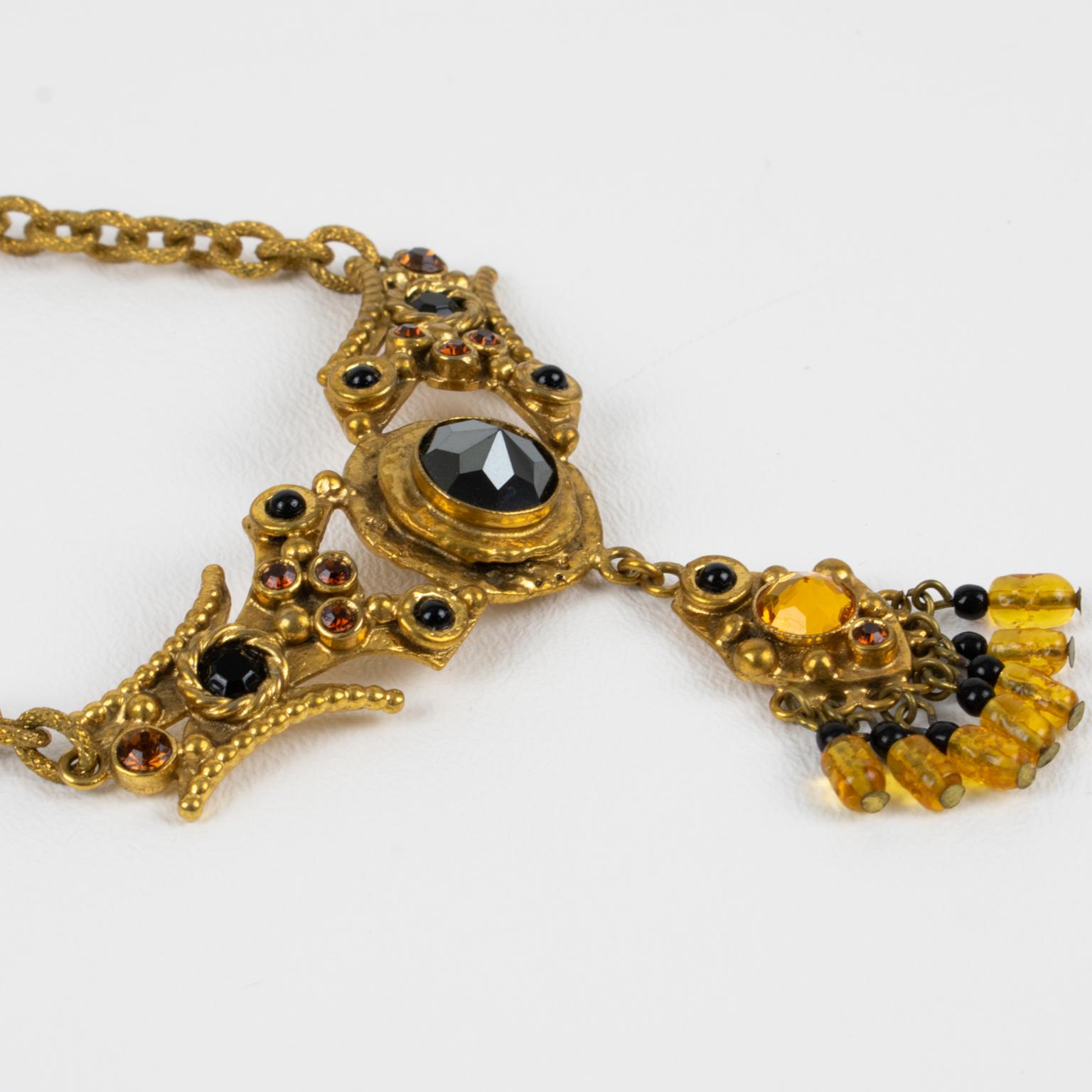 Collar de cadena de bronce dorado Henry Perichon con cabujones enjoyados en venta 1