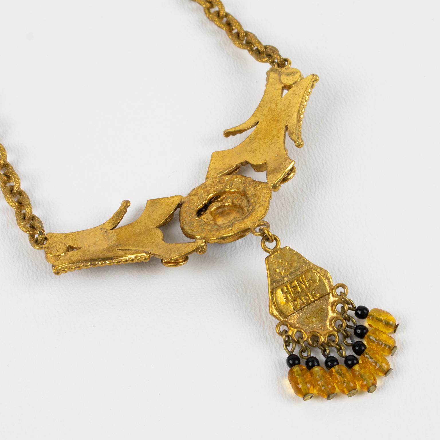 Collar de cadena de bronce dorado Henry Perichon con cabujones enjoyados en venta 3
