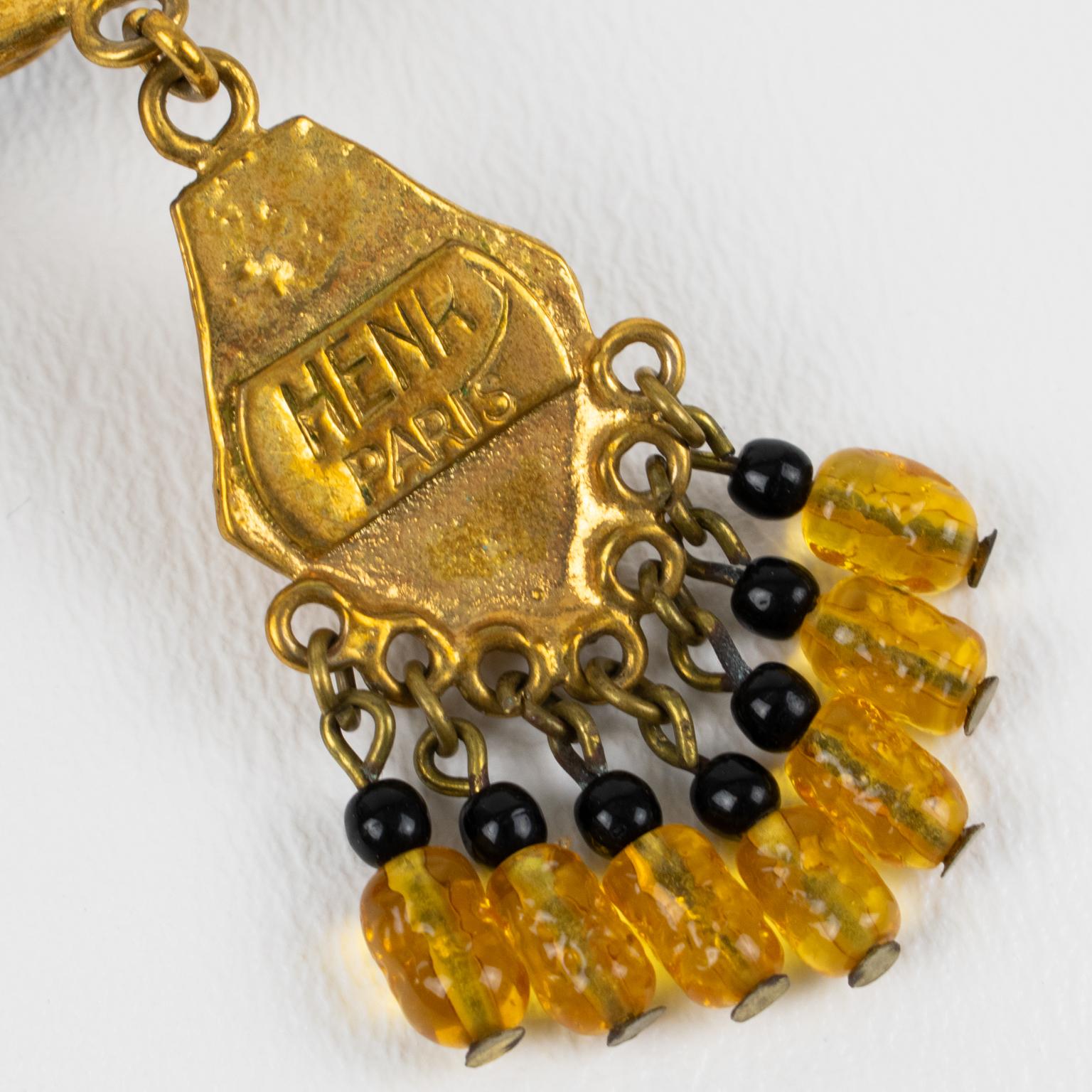 Collar de cadena de bronce dorado Henry Perichon con cabujones enjoyados en venta 4
