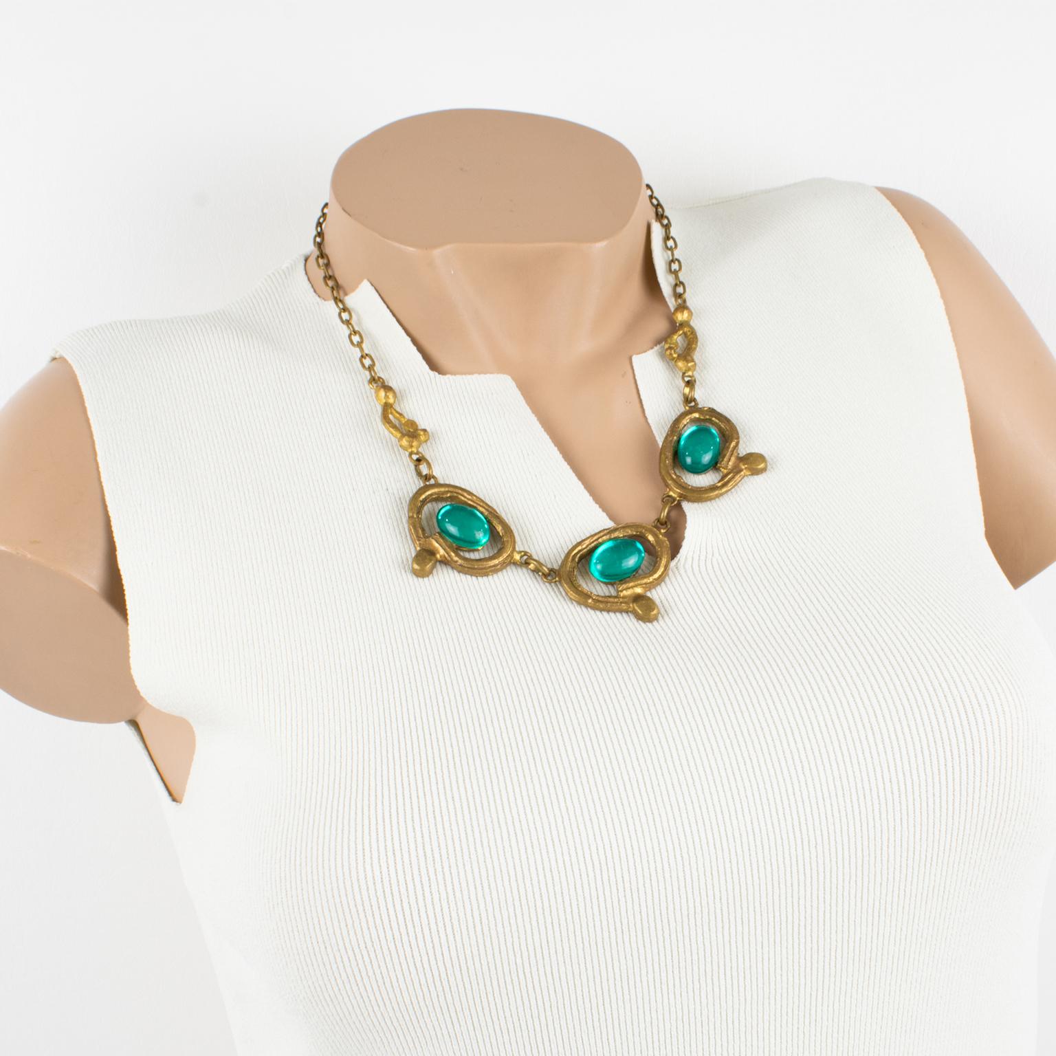 Lovely Henry Perichon (aka Henry), Medieval revival bronze metal choker necklace. Three gilded bronze elements in an antique Middle-Age design influence ornate with turquoise blue poured glass cabochons. The gilded bronze chain with hook closing