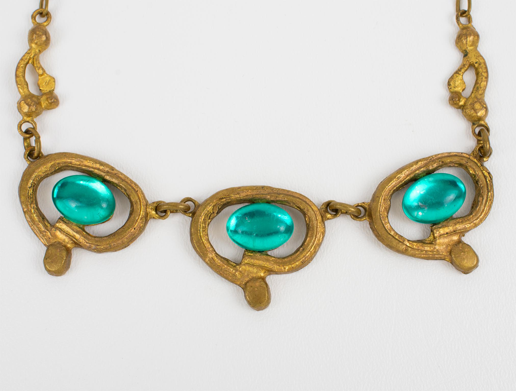 Choker-Halskette aus vergoldeter Bronze von Henry Perichon mit türkisblauen Cabochons für Damen oder Herren im Angebot