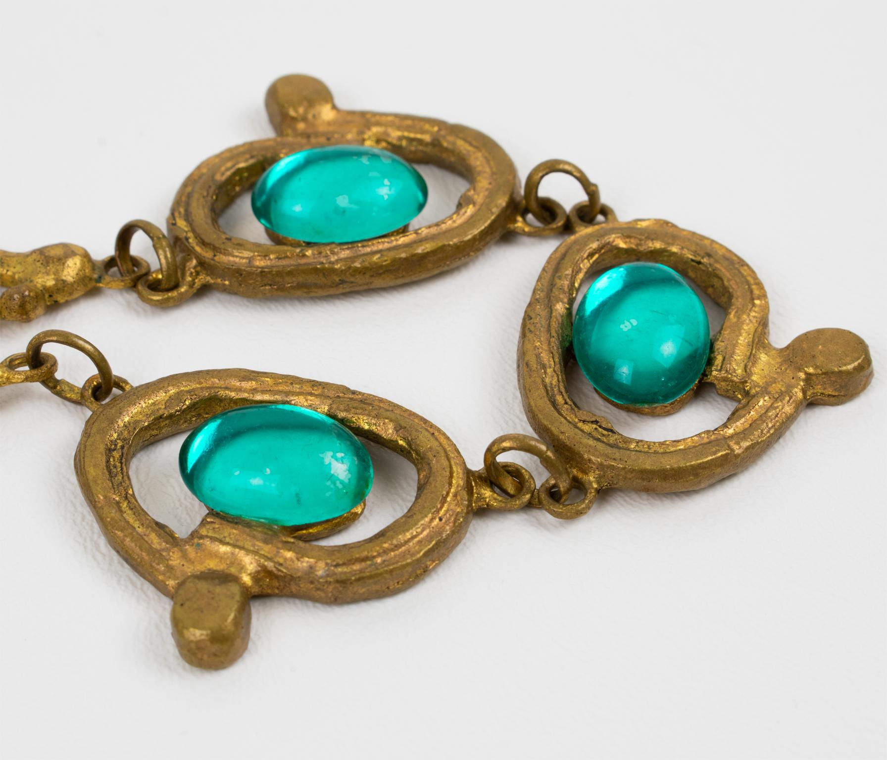 Choker-Halskette aus vergoldeter Bronze von Henry Perichon mit türkisblauen Cabochons im Angebot 1