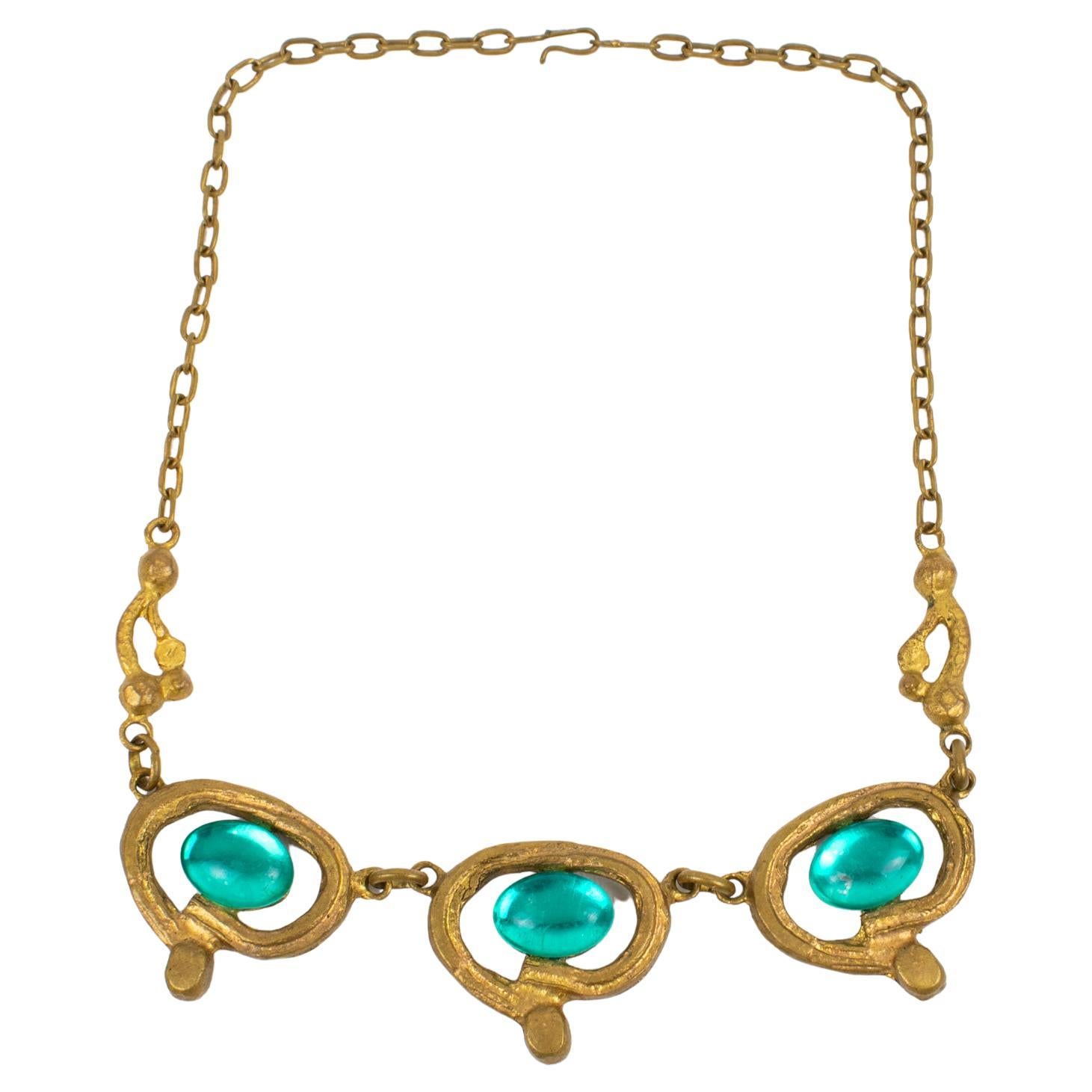 Henry Perichon Gilded Bronze Choker Necklace with Turquoise Blue Cabochons For Sale