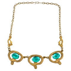 Vintage Henry Perichon Gilded Bronze Choker Necklace with Turquoise Blue Cabochons