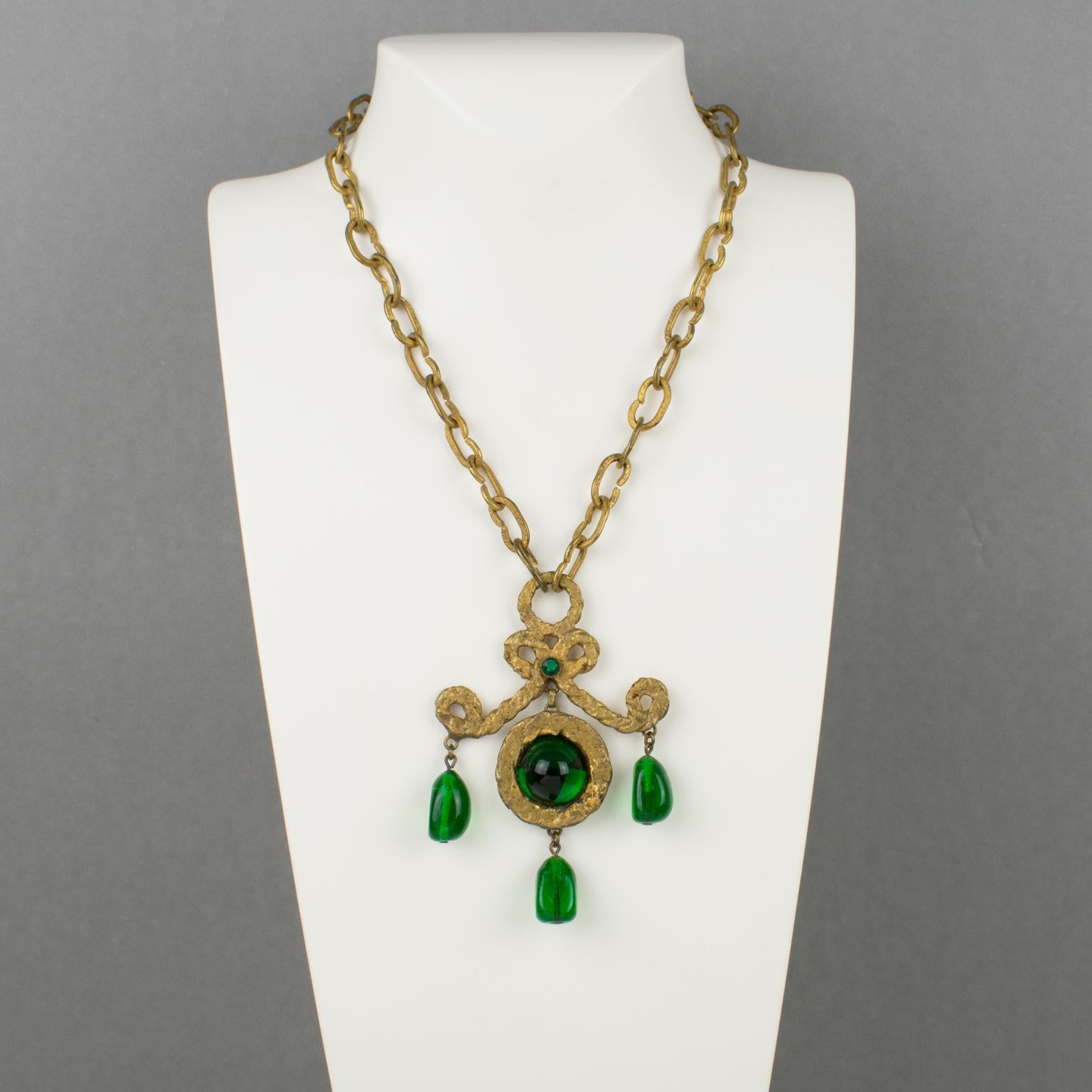 Medieval Henry Perichon Gilded Bronze Necklace with Green Poured Glass Beads