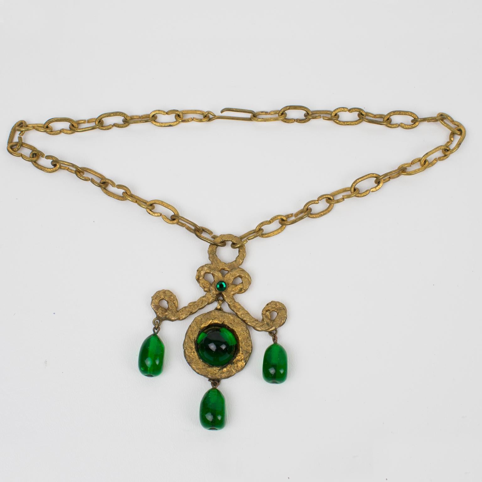Henry Perichon Gilded Bronze Necklace with Green Poured Glass Beads In Good Condition In Atlanta, GA