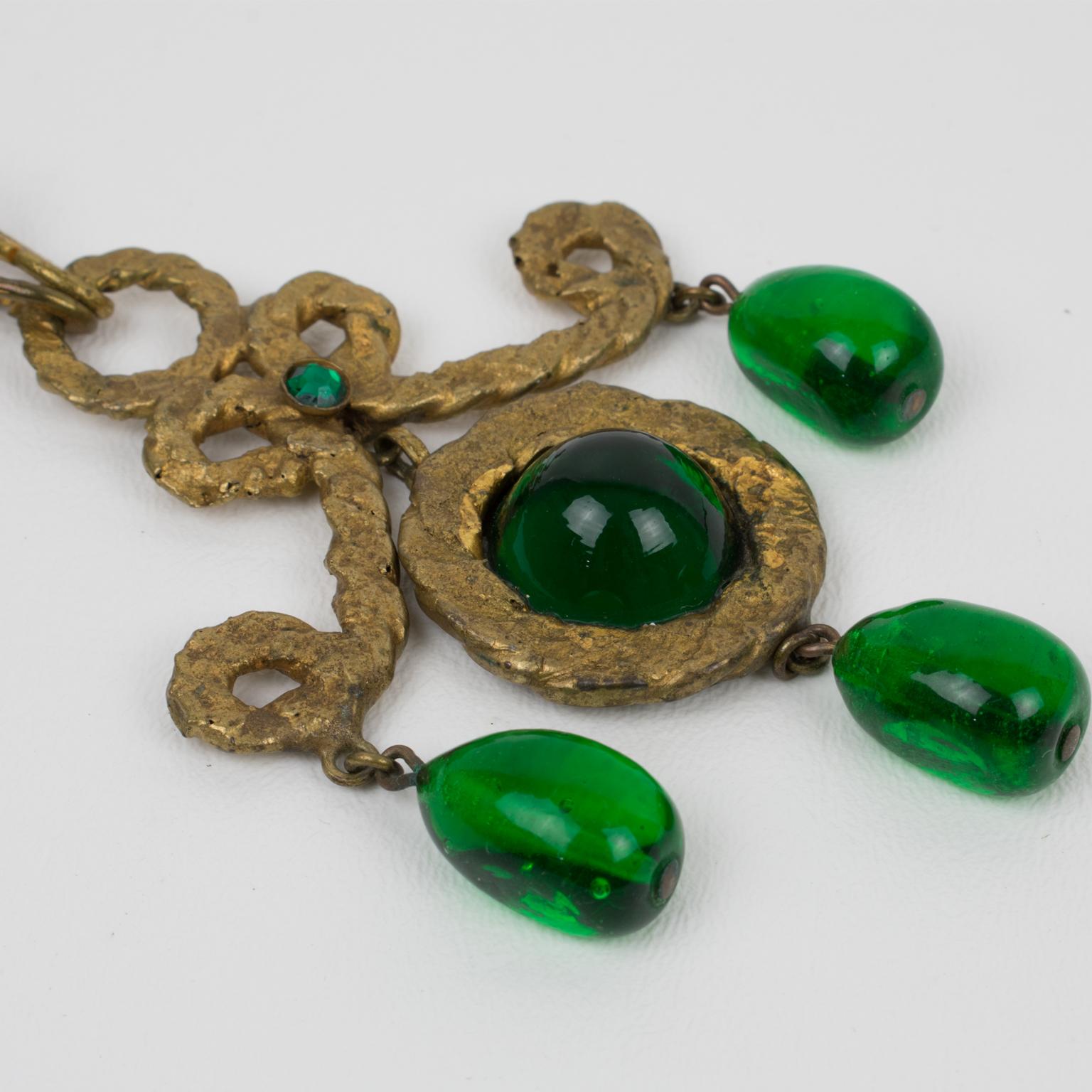 Women's or Men's Henry Perichon Gilded Bronze Necklace with Green Poured Glass Beads