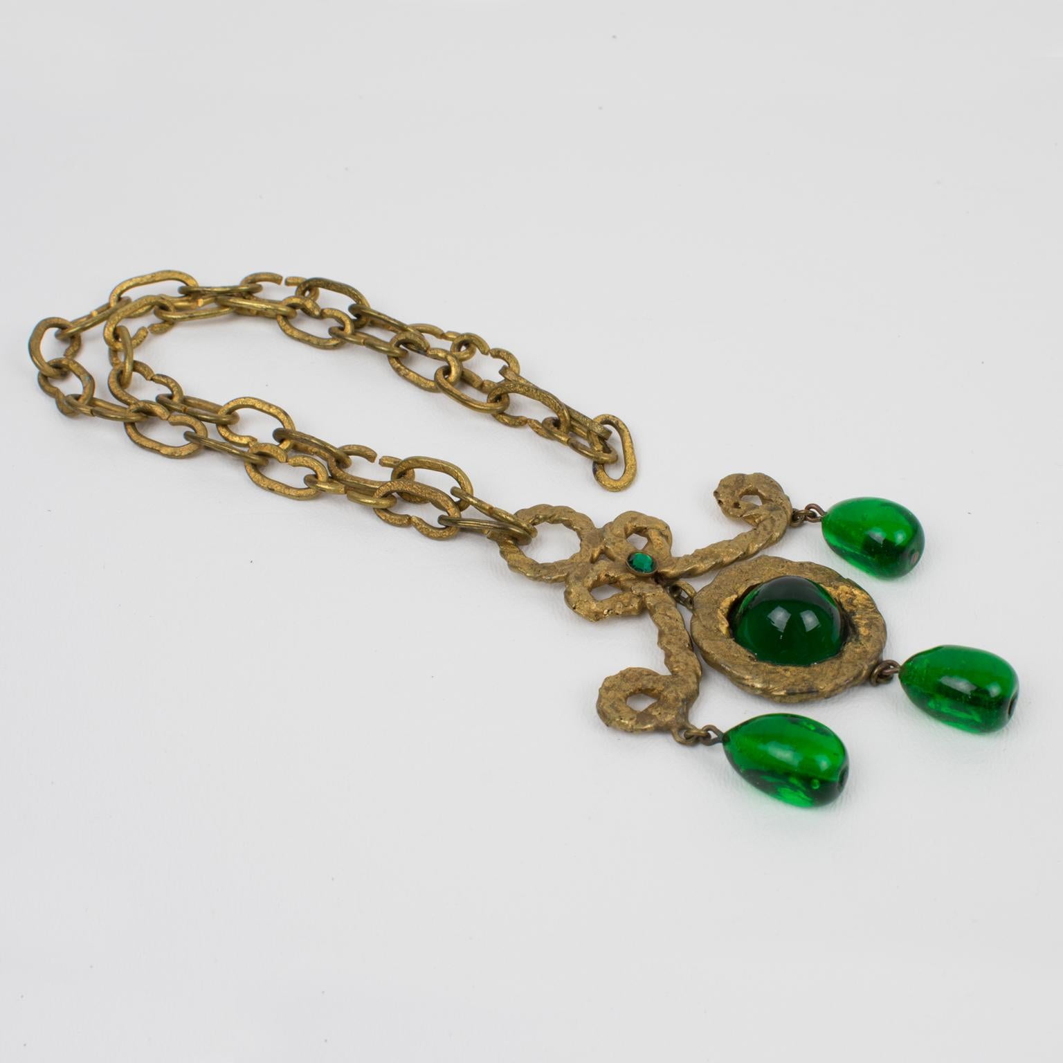 Henry Perichon Gilded Bronze Necklace with Green Poured Glass Beads 1