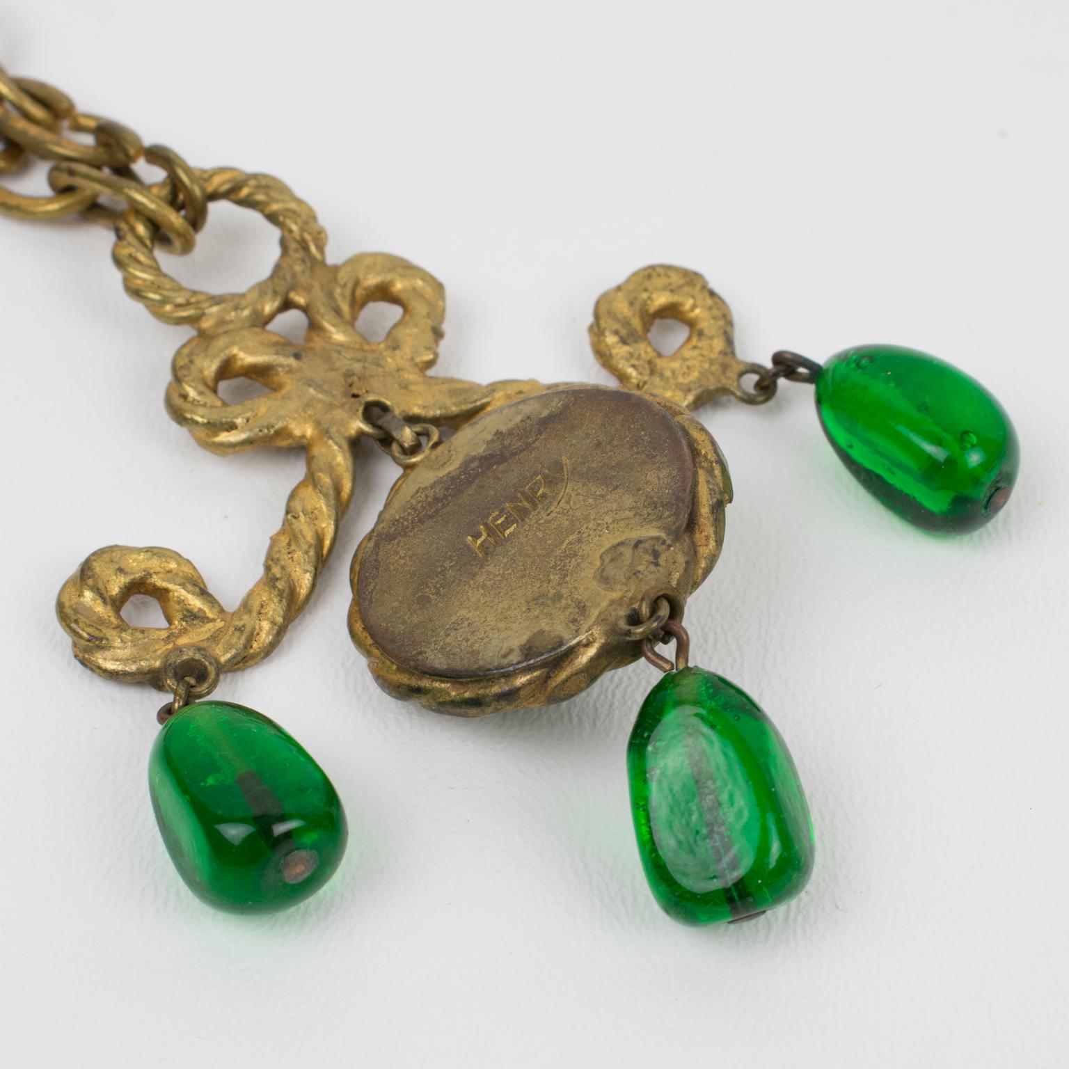Henry Perichon Gilded Bronze Necklace with Green Poured Glass Beads 2