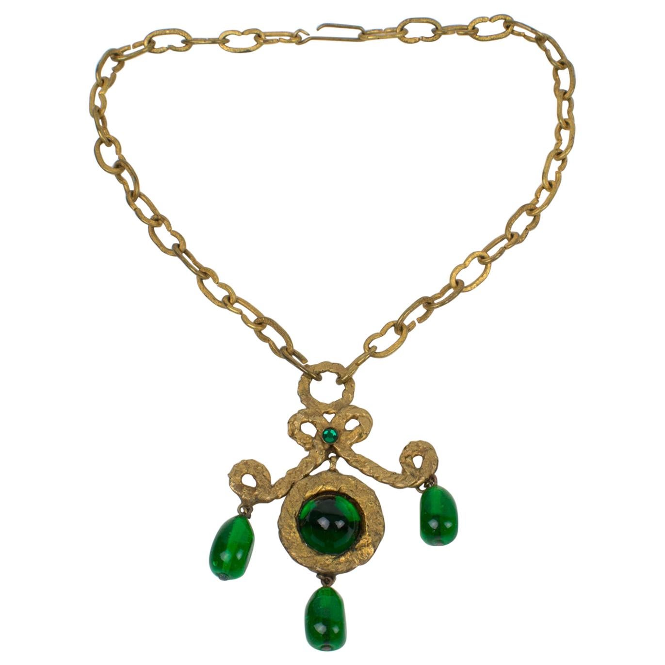 Henry Perichon Gilded Bronze Necklace with Green Poured Glass Beads