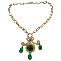 Vintage Henry Perichon Gilded Bronze Necklace with Green Poured Glass Beads