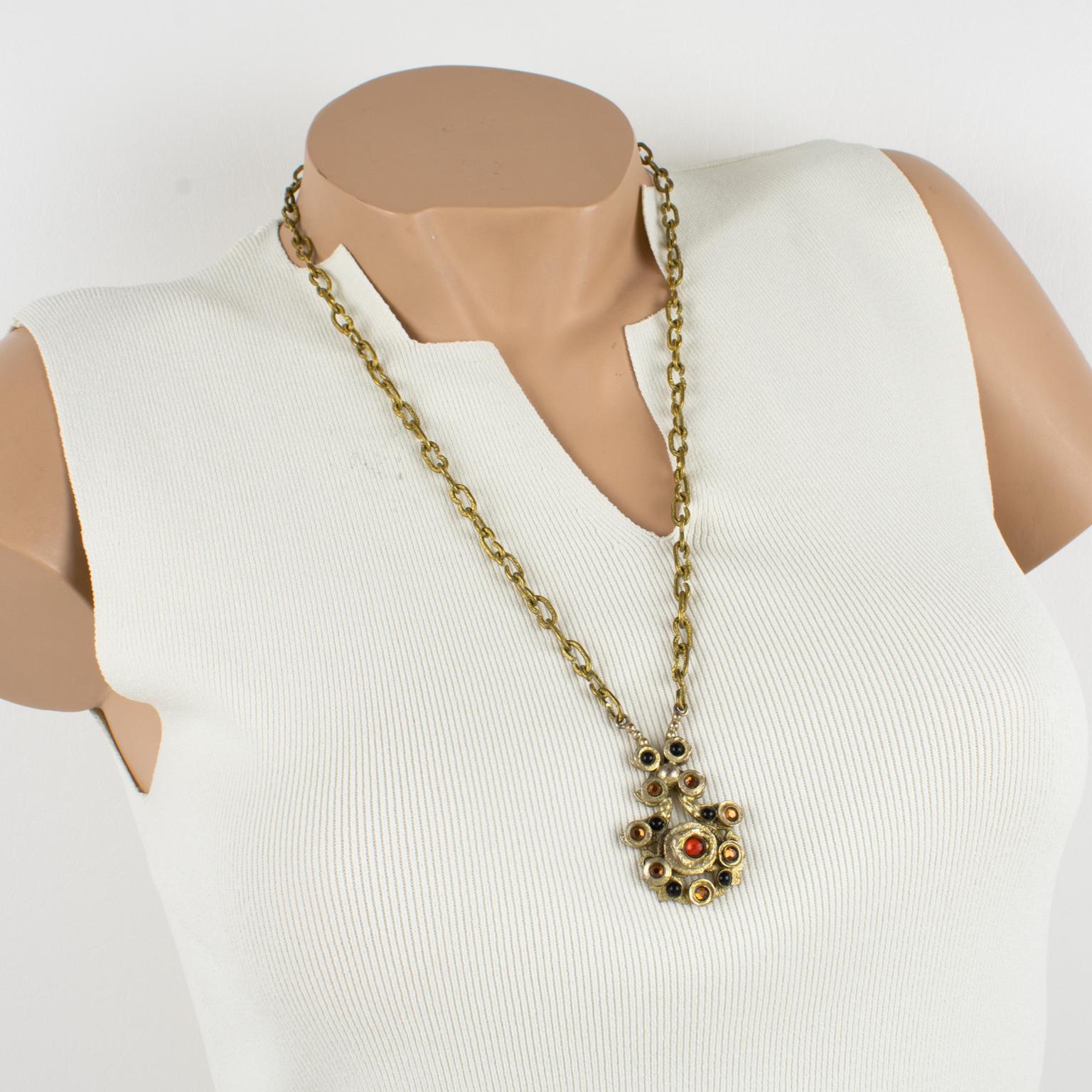 Medieval Henry Perichon Gilded Bronze Necklace with Jeweled Cabochons For Sale