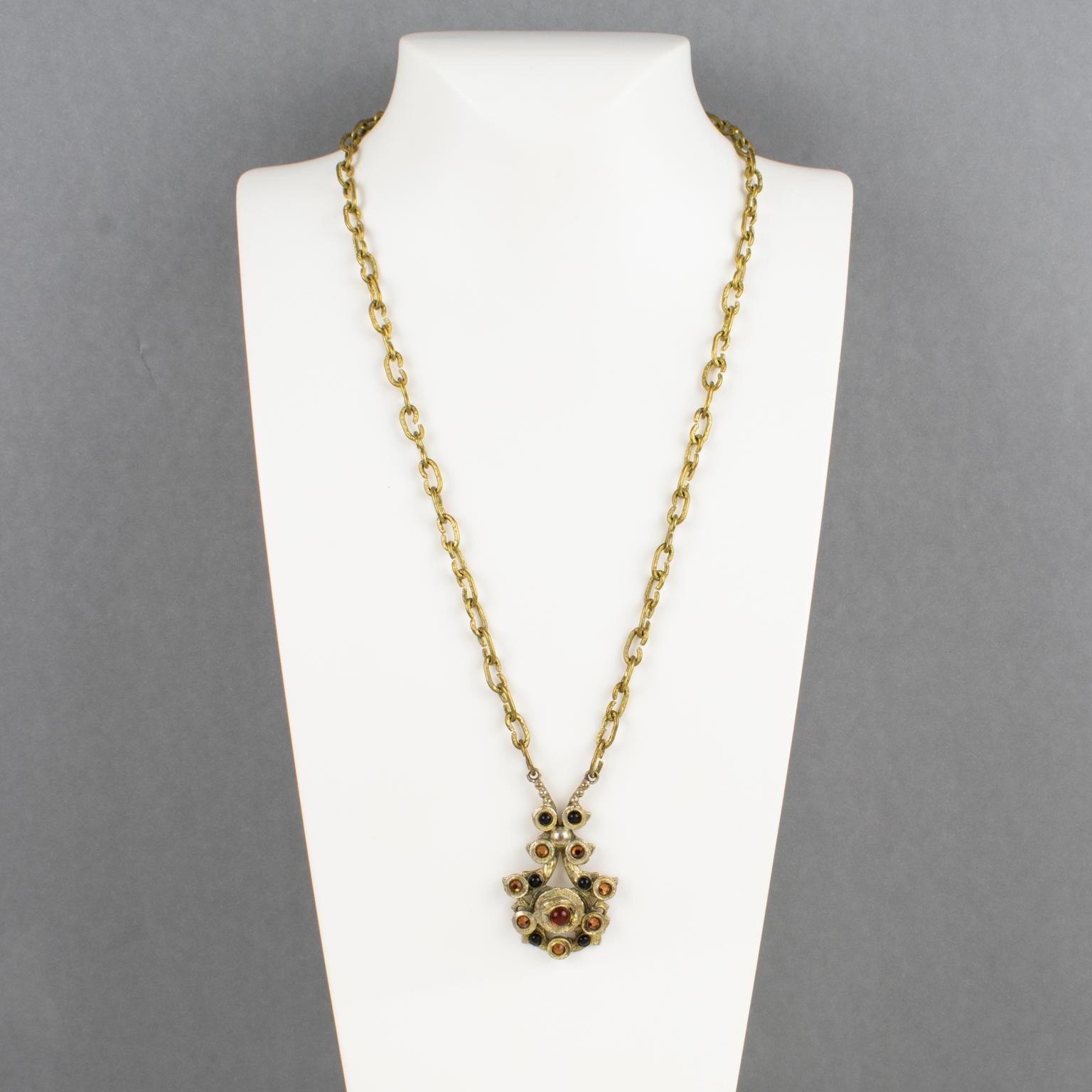 Henry Perichon Gilded Bronze Necklace with Jeweled Cabochons In Good Condition For Sale In Atlanta, GA