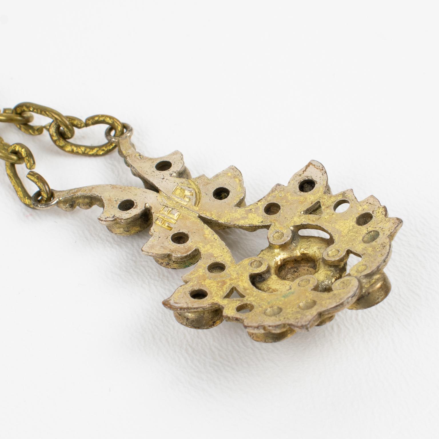 Henry Perichon Gilded Bronze Necklace with Jeweled Cabochons For Sale 2