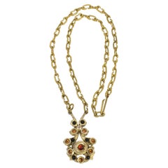 Henry Perichon Gilded Bronze Necklace with Jeweled Cabochons