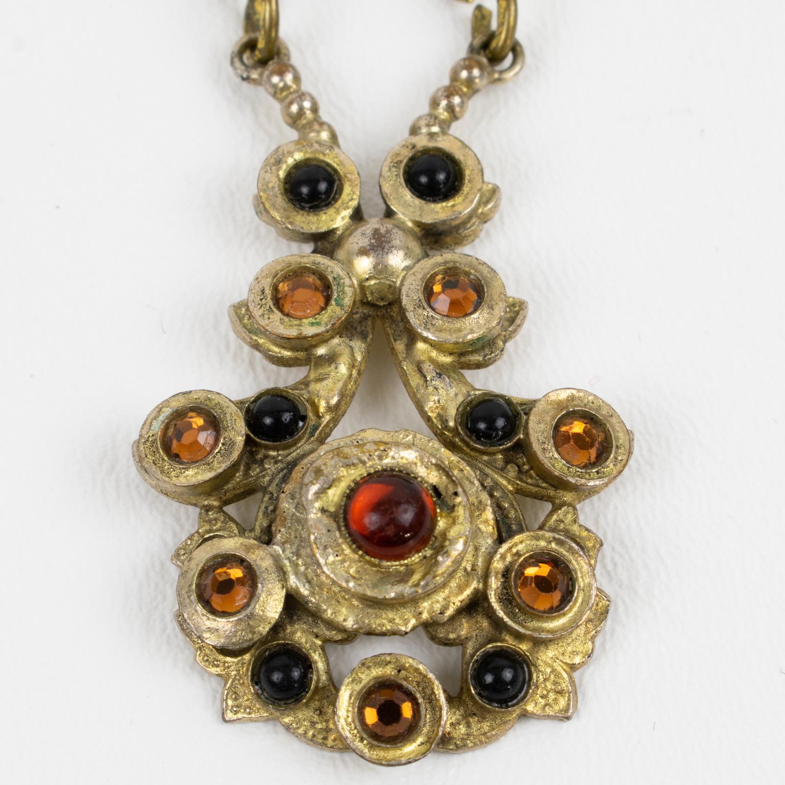 Henry Perichon Gilded Bronze Pendant Necklace with Black and Paprika Cabochons For Sale 6