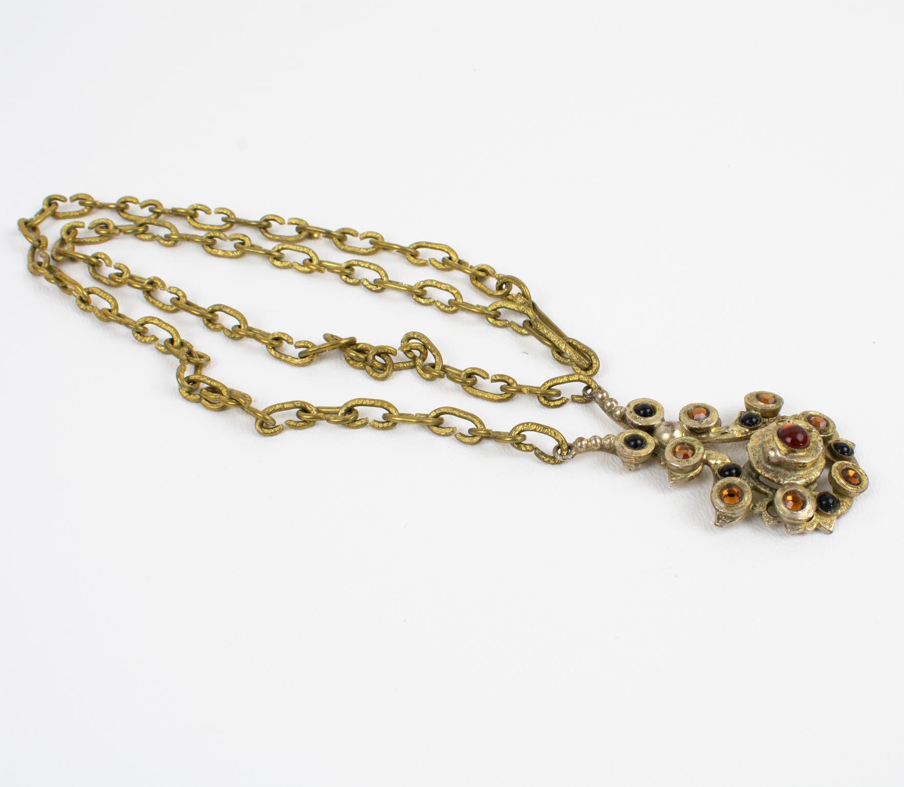 Henry Perichon Halskette mit Anhänger aus vergoldeter Bronze mit schwarzem und Paprika-Cabochons für Damen oder Herren im Angebot