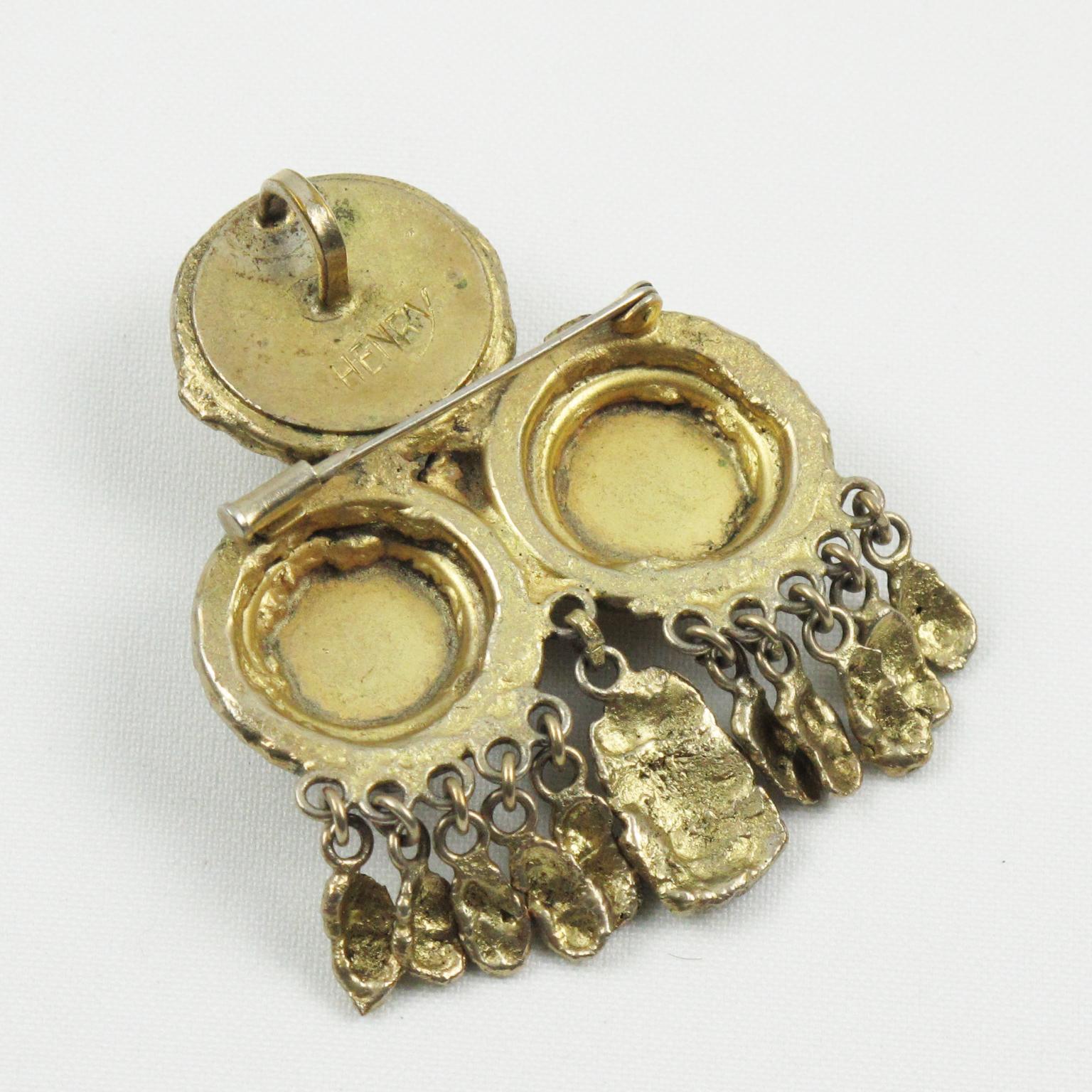 Taille cabochon Henry Perichon Broche pendante en bronze doré et pierres précieuses en vente