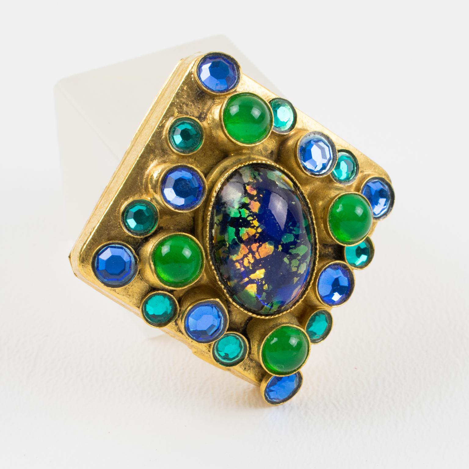 Henry Perichon Gilt Bronze Brooch with Glass Cabochons For Sale 3