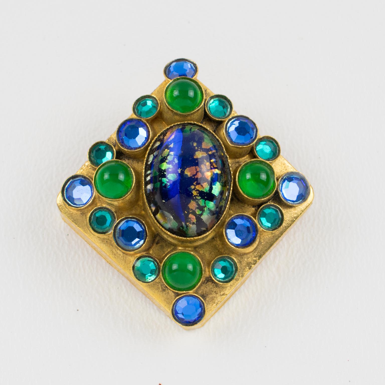 Henry Perichon Gilt Bronze Medieval Pin Brooch with Blue and Green Cabochons In Excellent Condition For Sale In Atlanta, GA