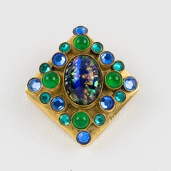 Henry Perichon Gilt Bronze Brooch with Blue and Green Glass Cabochons