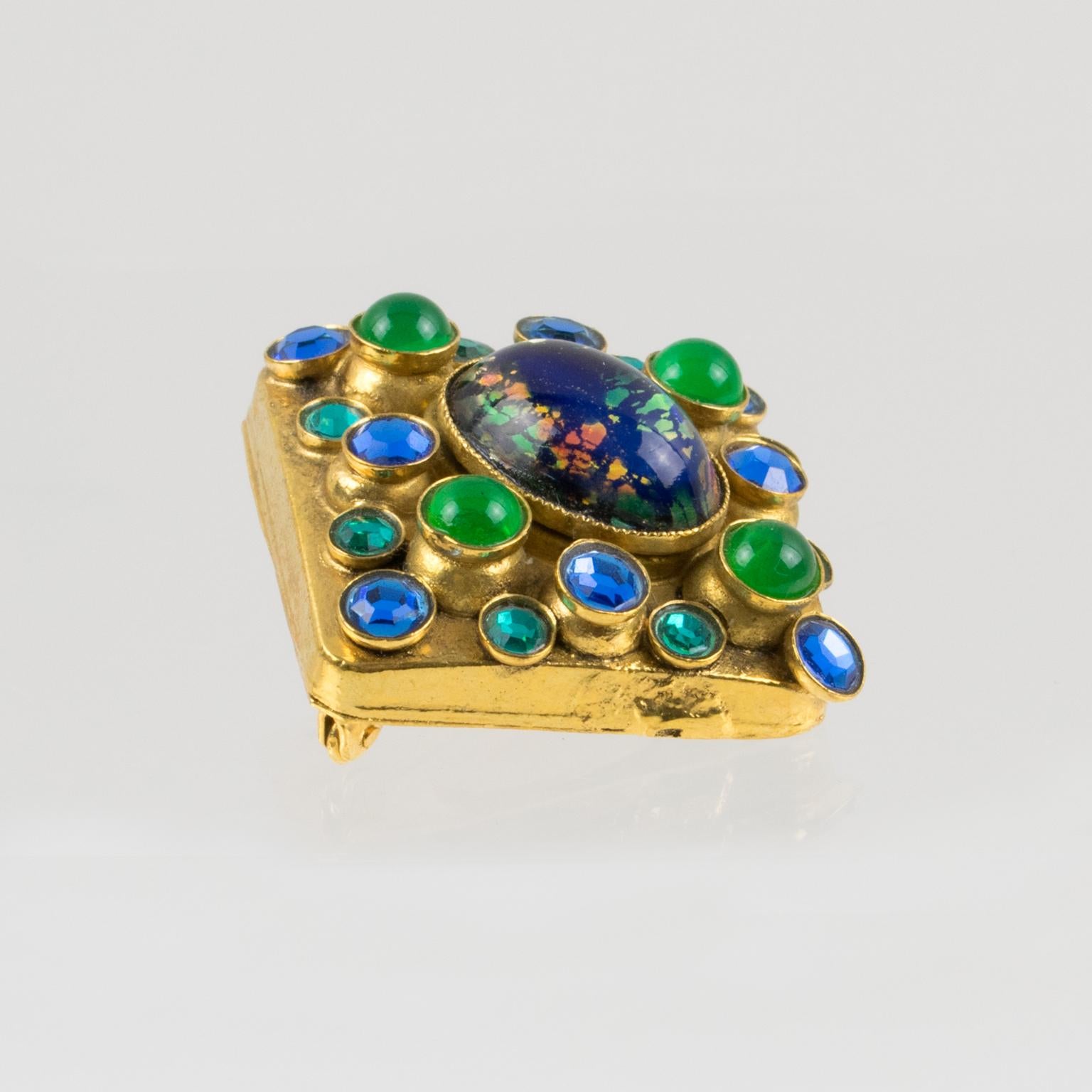 Henry Perichon Gilt Bronze Medieval Pin Brooch with Blue and Green Cabochons For Sale 1