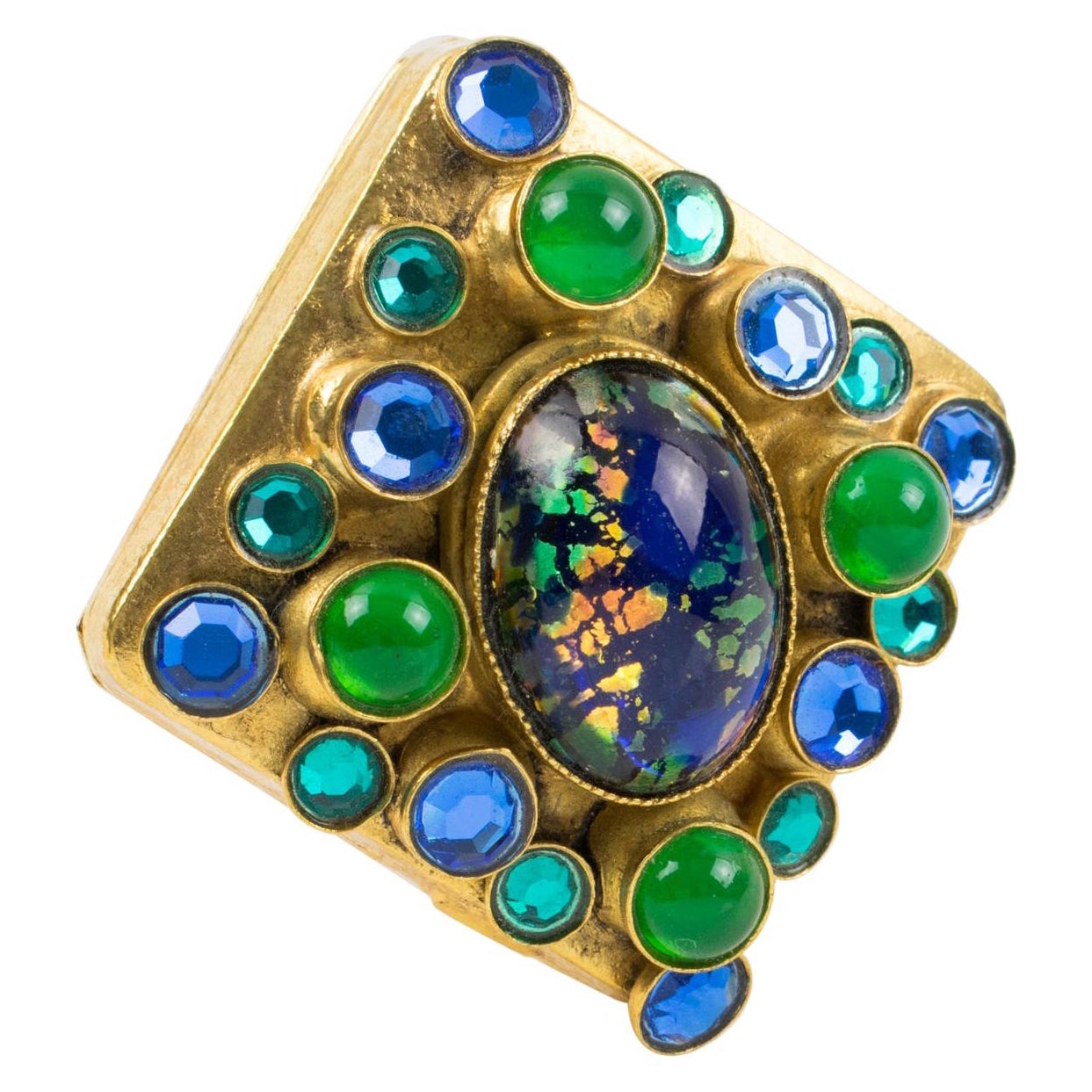 Henry Perichon Gilt Bronze Medieval Pin Brooch with Blue and Green Cabochons For Sale