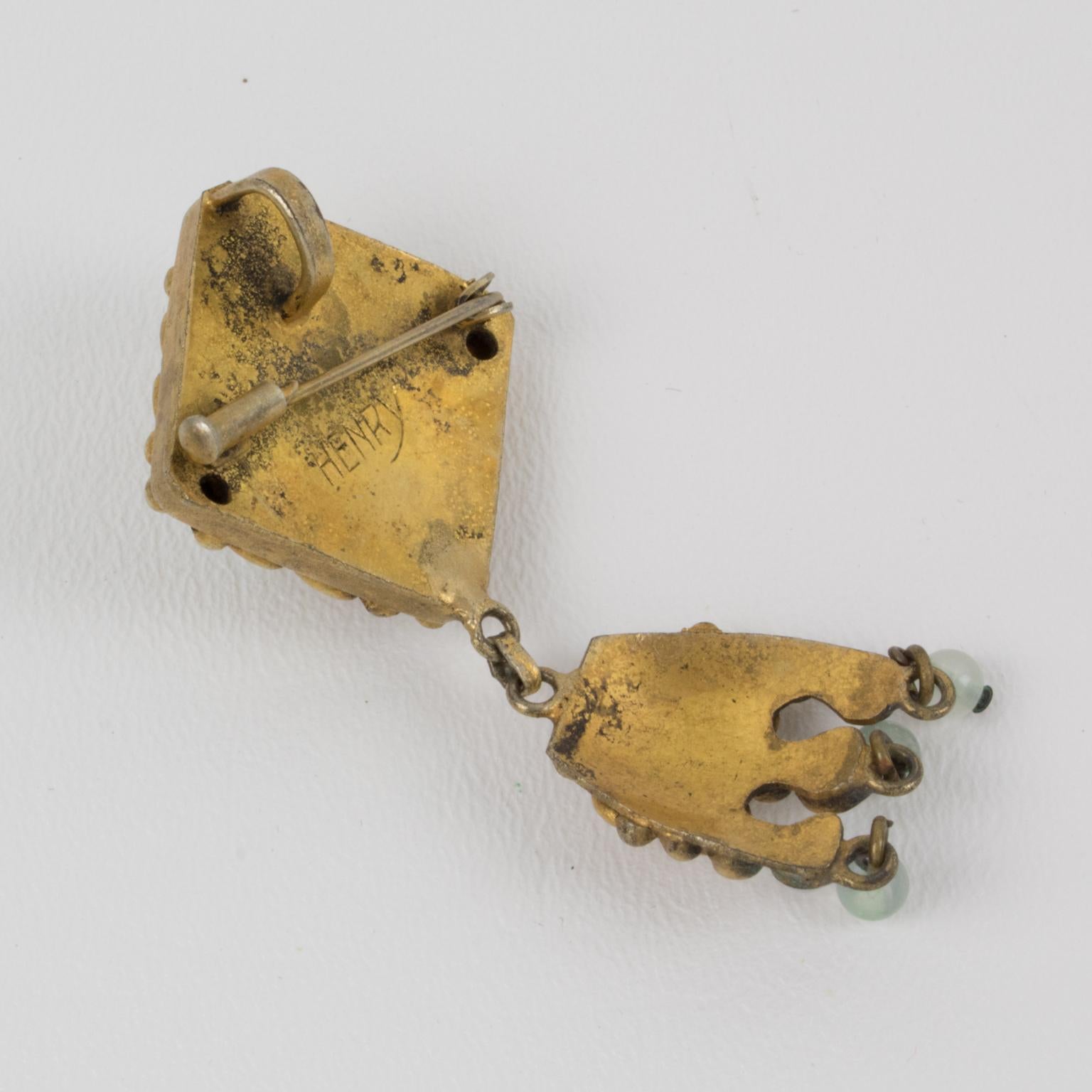 Mittelalterliche Ansteckbrosche aus vergoldeter Bronze mit gegossenem Glas-Cabochon von Perichon im Angebot 1